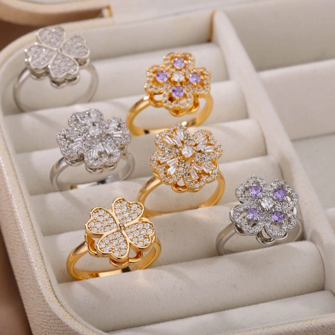 Zirconia Rotating Flower Open Ring For Women Copper Gold Plated Spinner Ring Fidget Jewelry Stress Relief Adjustable Ring