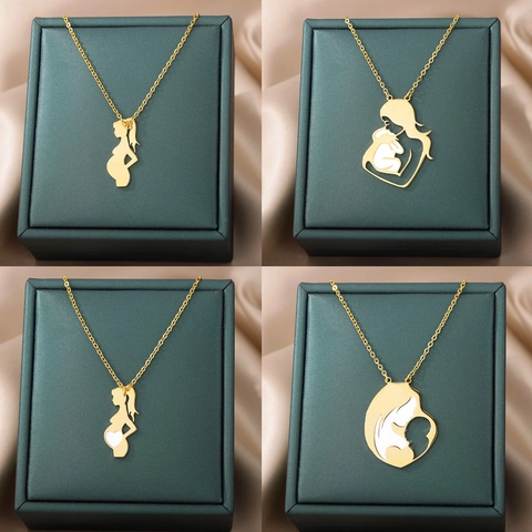 Mother's Day Stainless Steel Pendant Necklace Electroplated Mother and Baby Silhouette Heart Gift Jewelry For Women