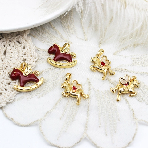 DIY Horse Pendants Gold Plated Copper Enamel Unicorn Rocking Horse Charms For Necklace Bracelet Earrings Jewelry Making Supplies