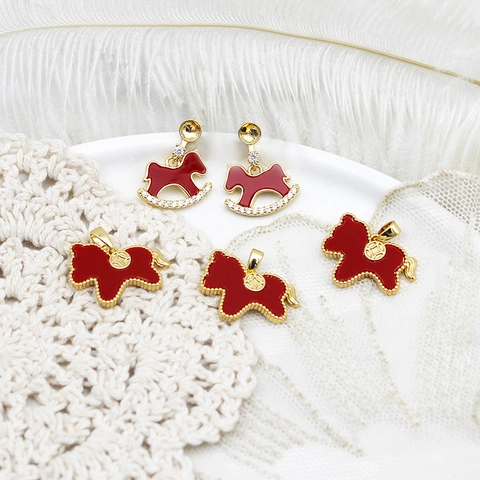 Red Enamel Rocking Horse Pendant And Stud Earrings Gold Plated Copper Artificial Pearl Rhinestone DIY Jewelry Making Charm