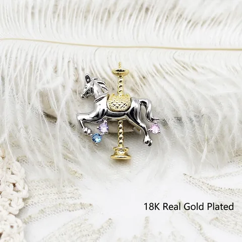 Carousel Horse Brooch Pin Gold Plated Copper Colorful Rhinestone Dreamy Animal Fashion Jewelry Accessory For Women Gift