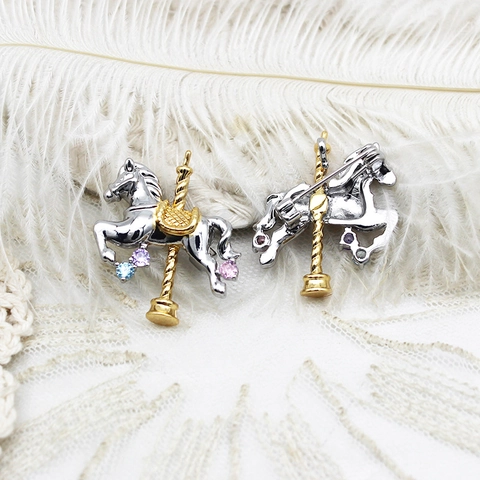 Carousel Horse Brooch Pin Gold Plated Copper Colorful Rhinestone Dreamy Animal Fashion Jewelry Accessory For Women Gift