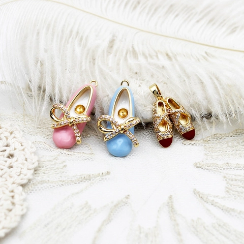 18K Gold Plated Copper Ballet Shoe Pendant Enamel Zircon Bowknot Ballet Slipper Charm For DIY Necklace Earring Jewelry Making