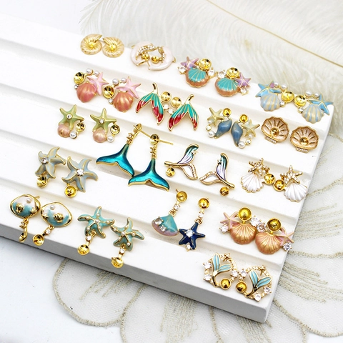 Ocean Series DIY Stud Earring Findings Copper Gold Plated Enamel Starfish Shell Mermaid Tail Earring Blank Only (Without Pearl) With 925 Silver Pin Rhinestone Jewelry Accessories
