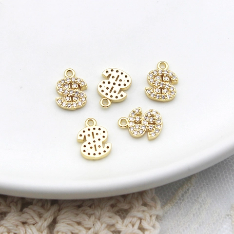 18K Gold Plated Copper Dollar Sign Pendant Micro Inlaid Zirconia Charm For DIY Necklace Bracelet Making Women Jewelry Accessory