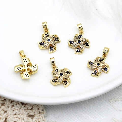 18K Gold Plated Copper Windmill Pendant Charm With Blue White Zirconia Micro Inlaid DIY Jewelry Making Accessory For Women