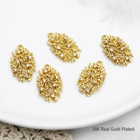 18K Gold Plated Copper Hollow Branch Pendant With Rhinestone Long Bar Charm For DIY Jewelry Making Necklace Bracelet Women
