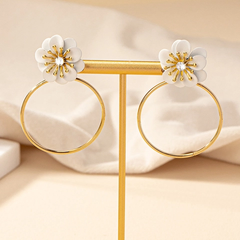 Vintage Alloy Flower Hoop Earrings For Women Luxury Wine Red White Daisy Floral Stud Earrings With Rhinestone Elegant Jewelry