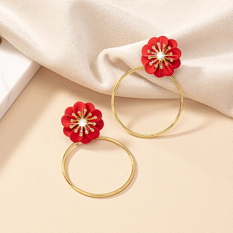 Vintage Alloy Flower Hoop Earrings For Women Luxury Wine Red White Daisy Floral Stud Earrings With Rhinestone Elegant Jewelry