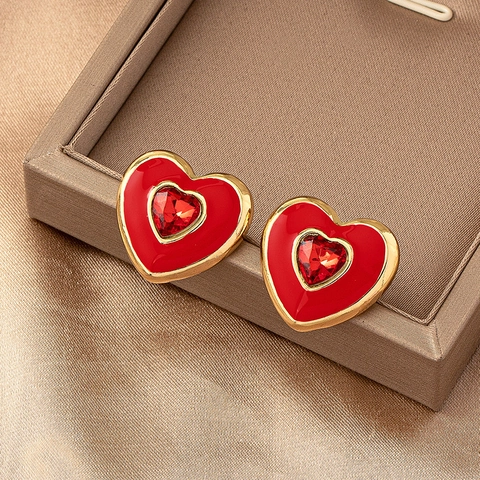 Pendientes de Botón de Aleación en Forma de Corazón Simples y Modernos Strass Frescos Dulces Corazón de Esmalte Joyería para Mujer