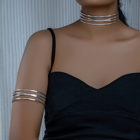 Minimalistische Legierung Mehrlagige Geometrische Choker Halskette Und Armreif Für Damen Mode Schmuck Hohle Offene Halsmanschette