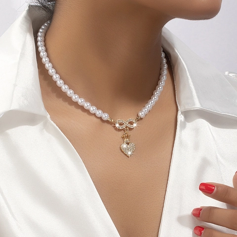 Elegant Alloy Artificial Pearl Heart Pendant Necklace With Crown Rhinestone Infinity Symbol Fashion Jewelry For Women