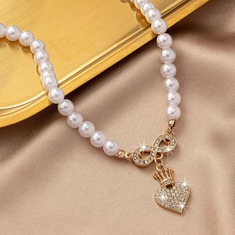 Elegant Alloy Artificial Pearl Heart Pendant Necklace With Crown Rhinestone Infinity Symbol Fashion Jewelry For Women