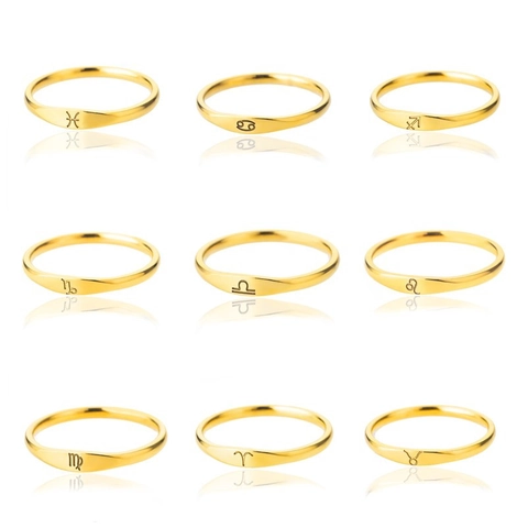 18K Gold Plated Stainless Steel Zodiac Sign Ring For Men Women Minimalist Engraved Twelve Constellation Band Ring Jewelry Gift