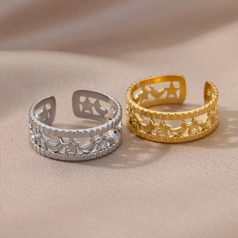Edelstahl Hohl Stern Mond Offener Ring Für Damen Verstellbar Gold Silber Galvanisiert Himmlisch Schick Fingerring Schmuck Geschenk