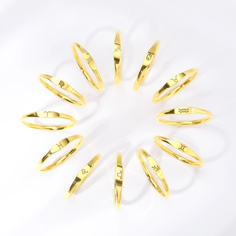 18K Gold Plated Stainless Steel Zodiac Sign Ring For Men Women Minimalist Engraved Twelve Constellation Band Ring Jewelry Gift