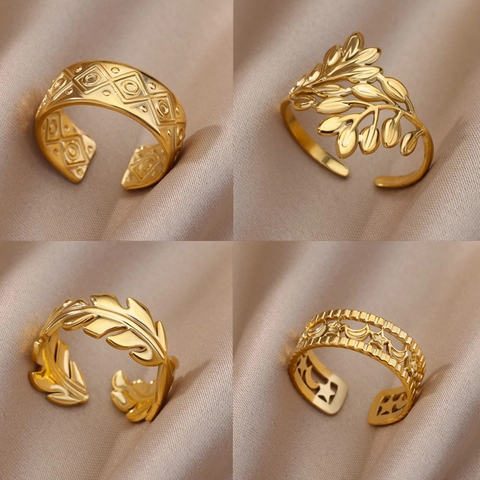 Minimalist Stainless Steel Open Ring For Women Men 18K Gold Plated Star Moon Leaf Geometric Pattern Adjustable Finger Jewelry