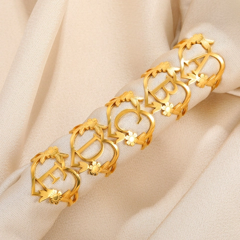 18K Vergoldeter Edelstahl Herz Initialen Ringe Für Damen Verstellbar Offen Rosenblüte Buchstaben A-Z Ring Mode Schmuck Geschenk