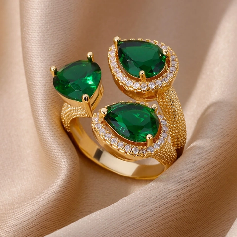 Vintage 18K Gold Plated Copper Open Ring For Women Emerald Green Zirconia Adjustable Luxury Finger Ring Party Jewelry Gift