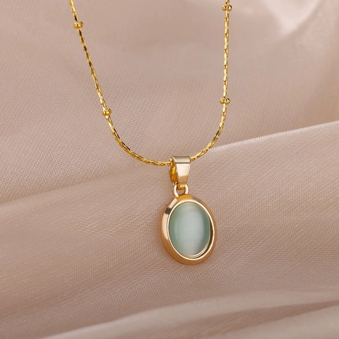 Vintage Stainless Steel Gold Plated Satellite Chain Necklace For Women Oval Cat Eye Moonstone Gemstone Pendant Choker Jewelry