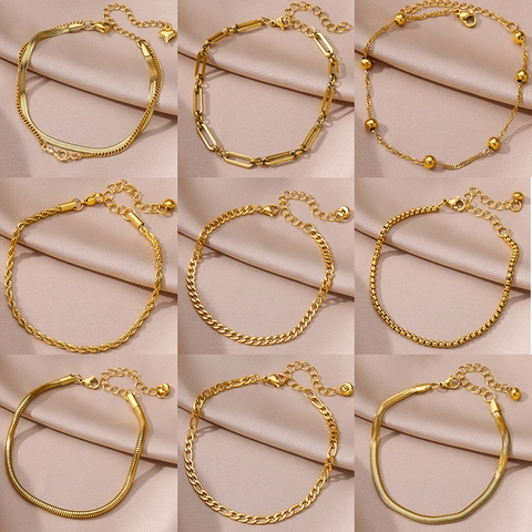 European American Stainless Steel Gold Plated Anklet For Women Figaro Snake Cuban Link Paperclip Adjustable Foot Chain Jewelry Gift