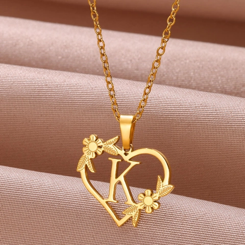 Stainless Steel Heart Hollow Initial Letter Necklace For Women Gold Sunflower Floral Name Pendant Personalized Fashion Jewelry Necklace Gift