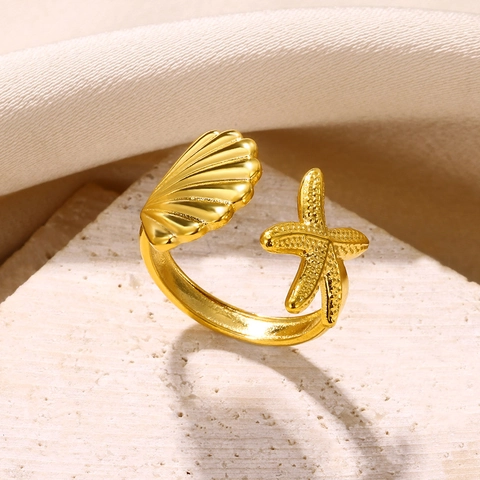 Stainless Steel Starfish Shell Seahorse Open Rings For Women Vintage Bohemian Sun Moon Ginko Leaf Adjustable Ring Jewelry