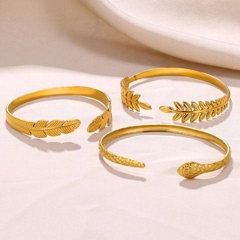 Vintage Stainless Steel Open Cuff Bracelet For Women Gold Plated Snake Feather Leaf Geometric Hollow Bangle Jewelry