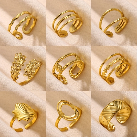 Anello Aperto in Acciaio Inossidabile Placcato Oro per Donna Geometrico a Più Strati a Forma di Onda Fiore Conchiglia Foglia Anello Regolabile Gioielli di Moda