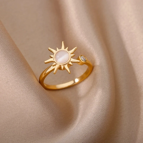 Adjustable Copper Sunflower Anxiety Ring For Women Rotatable Zirconia Sun Star Moon Open Finger Ring Decompression Jewelry