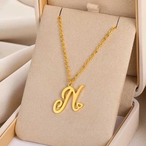 Collier Pendentif Cœur Initial en Acier Inoxydable Pour Femmes Plaqué Or Argent Lettre Ajourée A-Z Bijoux Personnalisés Cadeau