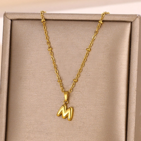 Fashion 18K Gold Plated Stainless Steel 3D Bubble Alphabet Initial Letter Pendant Necklace Minimalist Satellite Chain