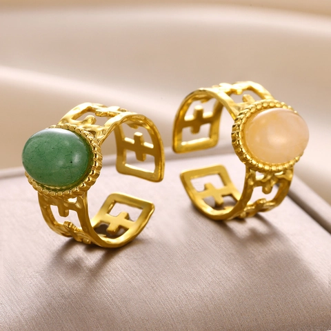 Anello Aperto in Acciaio Inossidabile Placcato Oro 18K con Pietra Naturale Irregolare da Donna Gioielli Regolabili Geometrici Martellati Traforati