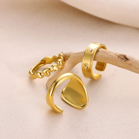 Bague Ouverte Minimaliste en Acier Inoxydable pour Femme Plaqué Or Argent Motif Géométrique Cœur et Vagues avec Zirconium Incrusté Bijoux Réglables Cadeau