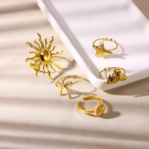 Minimalist Stainless Steel Open Ring For Women Adjustable Sun Starfish Bowknot Daisy Wave Style Gold Silver Fashion Jewelry