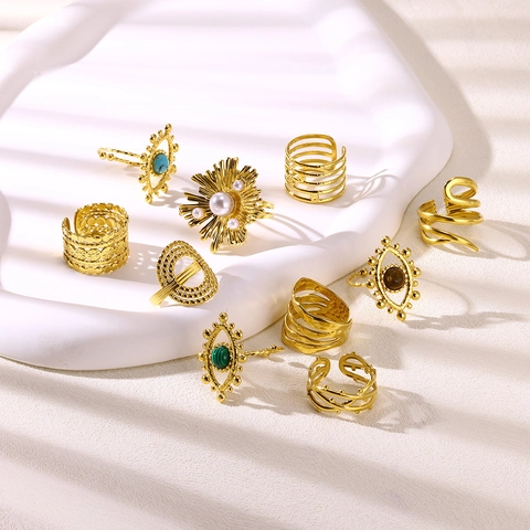 Gold Plated Stainless Steel Open Ring For Women Geometric Layered Hollow Out Sun Flower Artificial Pearl Adjustable Finger Ring