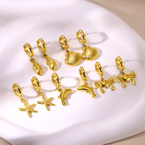 Gold Stainless Steel Hoop Earrings With Ocean Charms Starfish Shell Dolphin Crab Summer Beach Vacation Jewelry For Women