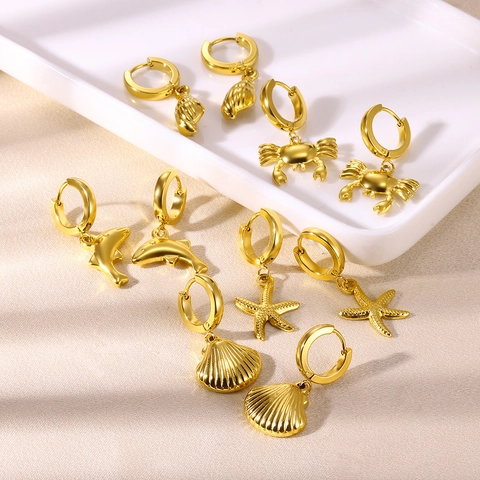 Gold Stainless Steel Hoop Earrings With Ocean Charms Starfish Shell Dolphin Crab Summer Beach Vacation Jewelry For Women
