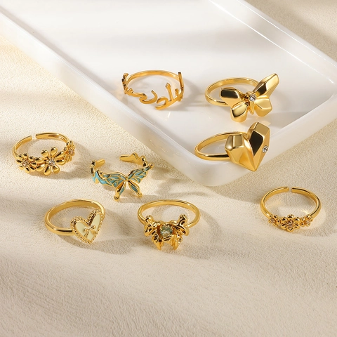 Fashion Stainless Steel Adjustable Open Ring For Women Heart Butterfly Flower Zirconia Enamel Bow Jewelry Finger Ring Gift