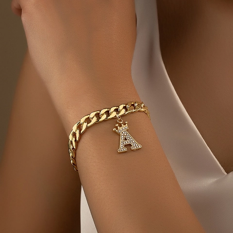 Luxury Gold Alloy Letter Pendant Bracelet With Crown Rhinestone Cuban Link Initial Bracelet For Women Hip Hop Jewelry