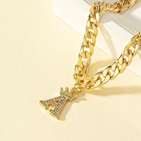 Luxury Gold Alloy Letter Pendant Bracelet With Crown Rhinestone Cuban Link Initial Bracelet For Women Hip Hop Jewelry