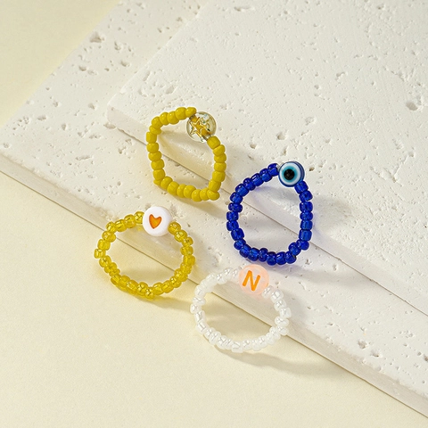Minimalist Beaded Rings For Women Heart Star Evil Eye Letter N Acrylic Alloy Stretch Bohemian Fashion Jewelry Finger Rings