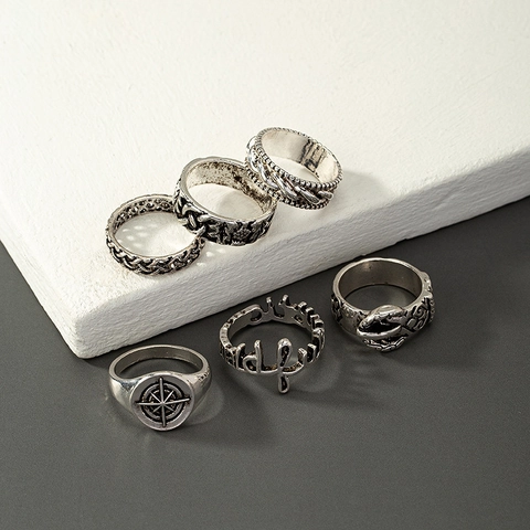 Vintage Antiksilber Ring Set Für Herren Punk Hip Hop Schlange Kompass Buchstabe Geschnitzte Legierung Gotische Ringe Schmuck