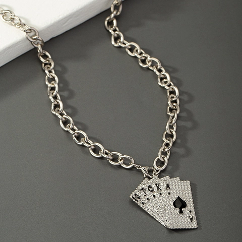 Ace Of Spades Poker Card Pendant Necklace Alloy Rhinestone Royal Flush Hip Hop Street Jewelry For Men Women Sweater Chain