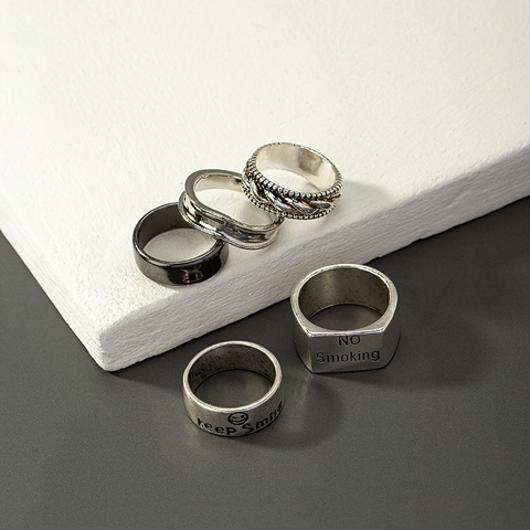 Vintage Legierung Ring Set Für Herren Damen Hip Hop Punk Stil Buchstaben Lächeln Gesicht Muster Retro Silber Schwarz Ring
