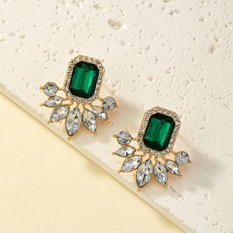 French Vintage Court Style Alloy Rhinestone Emerald Cut Stud Earrings For Women Elegant Gold Plated Banquet Jewelry Gift