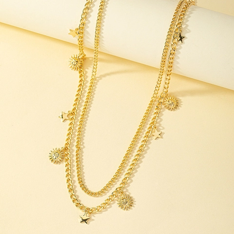 Boheems Goud Legering Zon Ster Hanger Dubbele Laag Tailleketting Voor Vrouwen Vintage Overdreven Verstelbare Buikketting