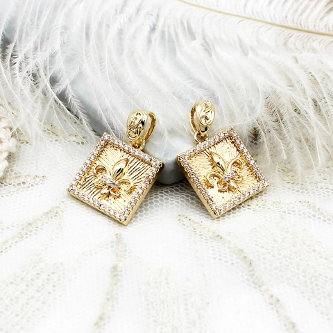 18K Gold Plated Copper Fleur-De-Lis Pendant For Jewelry Making DIY Square Micro Pave Rhinestone French Vintage Charm Accessories