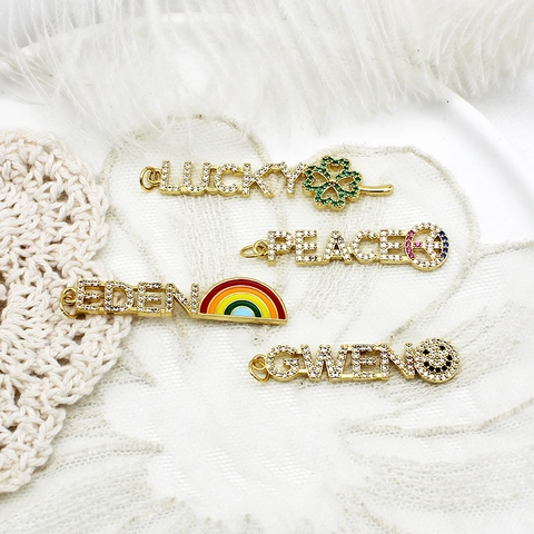 Copper Micro Pave Rhinestone Letter Pendant Jewelry Making Supplies For Necklace Keychain DIY Word Charm Peace Lucky Love Mama