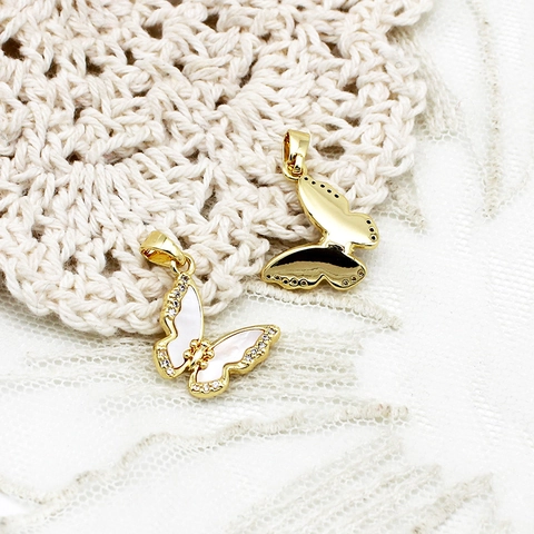 Colgante de Mariposa de Cobre Bañado en Oro de 18K Con Concha Blanca Strass para Creación de Joyas DIY Collar Pulsera